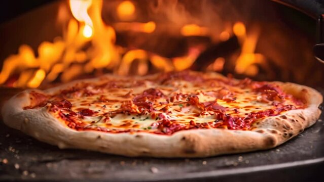 a pizza being pulled out of a wood-fired oven, with cheese bubbling and toppings glistening.