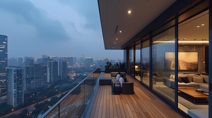 Modern balcony with wooden flooring and glass walls offering city views, creating an elegant urban retreat in the heart of highrise district.
