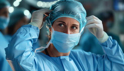 Focused Female Surgeon Preparing for Surgery female surgeon adjusts protective gear in operating room, ready to perform procedure.Eyes convey concentration, professionalism amidst surgical environment