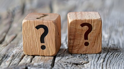 One wooden blocks with question mark symbols on them, one resting atop the other, against a light grey background on an old wood table. 
 - obrazy, fototapety, plakaty