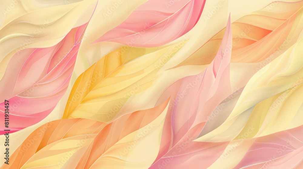 Poster a seamless pattern of overlapping transparent pink and yellow leaves on a pale yellow background. ai