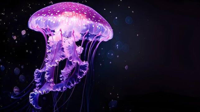 Vibrant AI-generated Jellyfish Floating Gracefully, Underwater Elegance in Dark Waters, Ideal for Background or Nature Themes. AI - Powered by Adobe