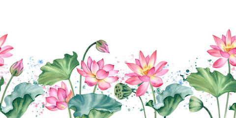 Lotus pink flowers and leaves. Watercolor illustration hand painted on a white background. Seamless horizontal border. A bundle of water lilies for clipart, spa.