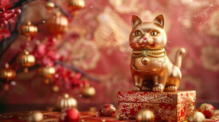 Luxurious 3D render of a gift box with a golden lucky cat, set against a backdrop of rich pink and gold brocade