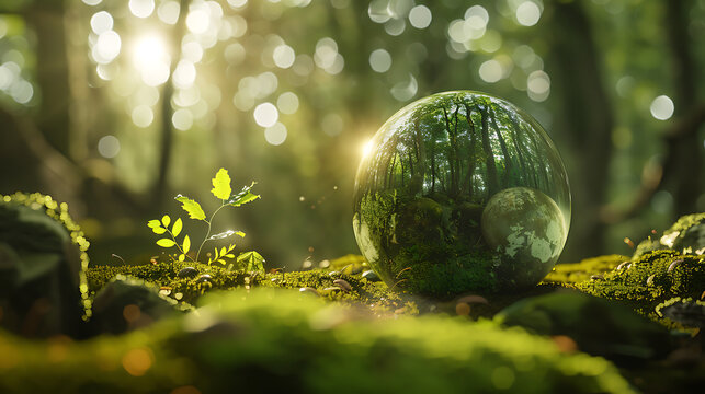 Green Globe In Forest With Moss And Defocused Abstract Sunlight-Earth Day - Environment. Generative AI illustration 