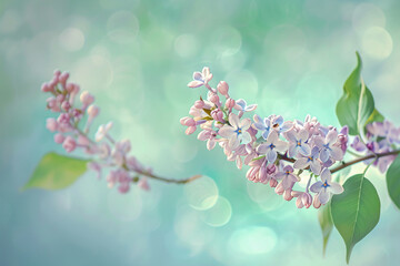 Close-up natural lilac branch with tender spring leaves against soft pastel green, capturing springs essence. Delicate spring leaves on a lilac branch in soft pastel green background. Nature's beauty.