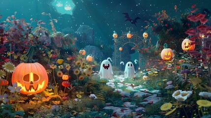 Enchanted Halloween Forest Scene with Glowing Pumpkin Ghosts and Mystical Creatures