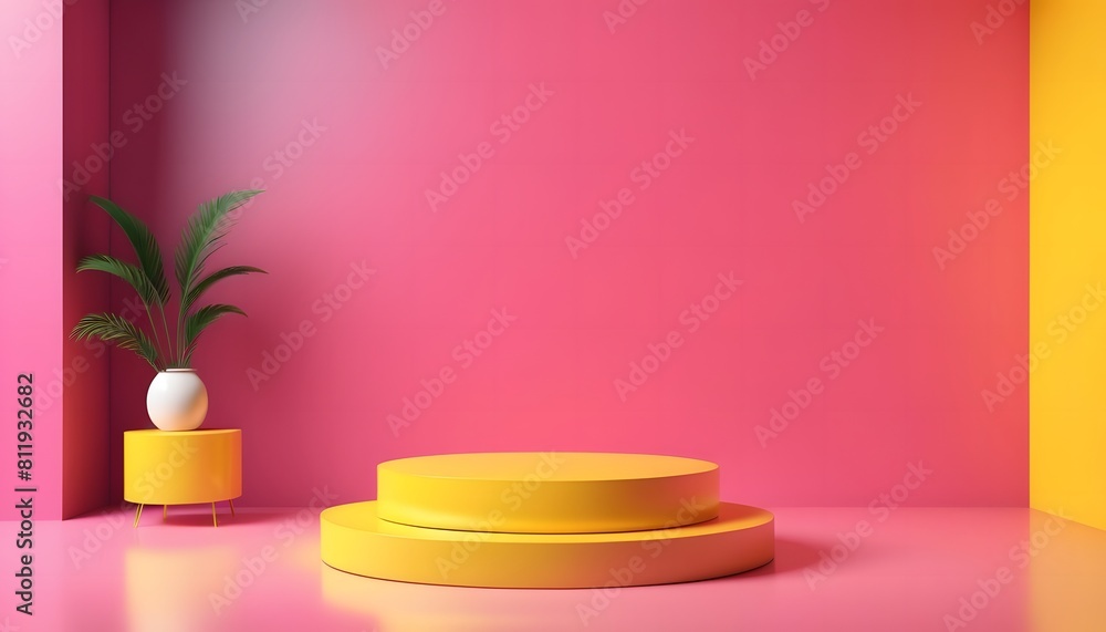 Poster minimal abstract pink and yellow background for product presentation. shadow and light from windows 