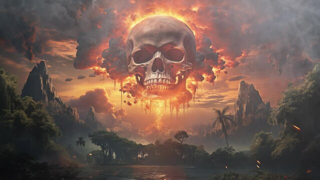 Apocalyptic Landscape with Fiery Skull Above Jungle