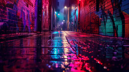 Colorful lights and street art covered the wet city street on a rainy night, creating a vibrant...
