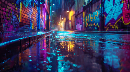 Rain water collected on the city street at night, illuminated by vibrant lights and adorned with...