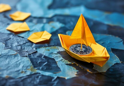 Entrepreneur charts new path with yellow paper boat, compass, leaving group, seizing business opportunity