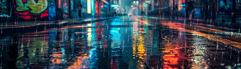 The wet city street glistened under the colorful neon lights after the evening rain, showcasing...
