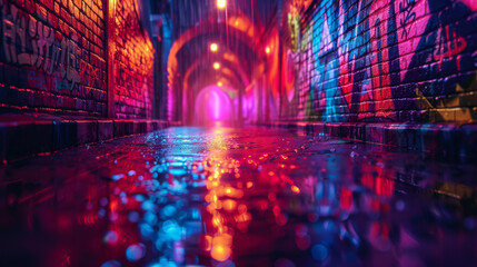 A wet city street under the glow of night lights, showcasing vibrant graffiti on the walls.