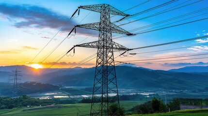 Dramatic Sunset Behind Electricity Pylons, Power Supply in Rural Area
