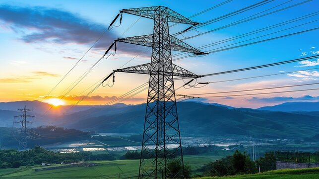 Dramatic Sunset Behind Electricity Pylons, Power Supply in Rural Area - Powered by Adobe