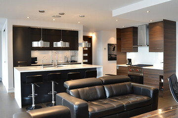 A sleek and modern, dark black kitchen exudes industrial edge and sophisticated style