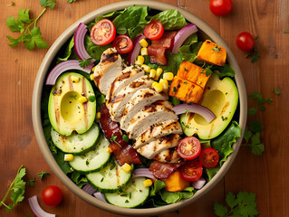 Salad with grilled chicken, avocado, corn, tomato,fried beacons and cucumber.