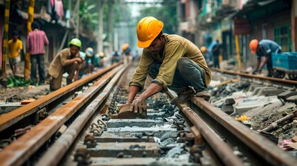 Indian Worker Focused on Railway Track Repair Amid Busy African Street Scene
