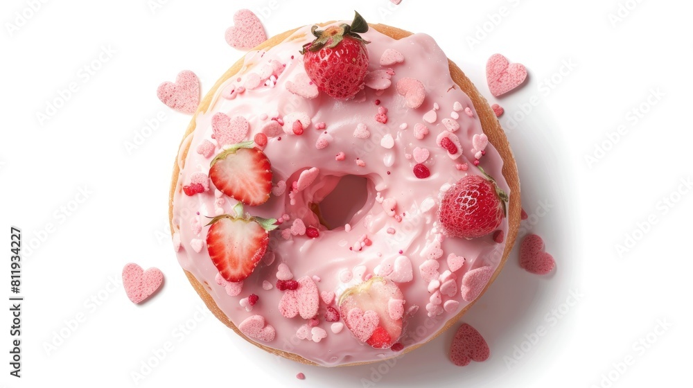 Poster a scrumptious strawberry donut adorned with pink frosting and charming heart shaped decorations pres