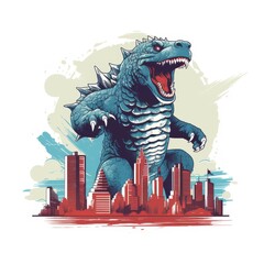 A blue monster with red eyes and teeth is attacking a city