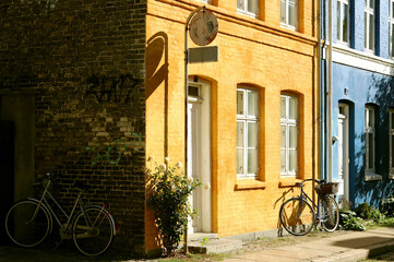 Facades of houses in Copenhagen. Shadow.