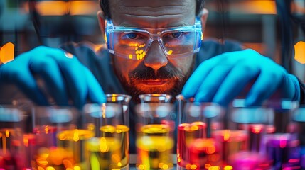 A scientist carefully pipetting colorful liquids into test tubes, the vibrant hues contrasting against the sterile lab environment