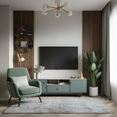 Unique Living room. Pastel TV room with green armchair. 