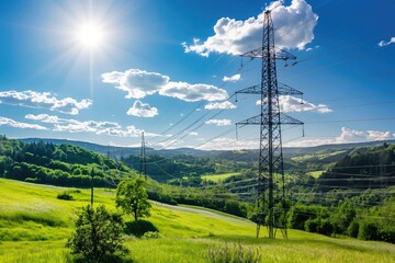 Vast Network of Electricity Towers Over Lush Green Valleys, Power Supply Scenery