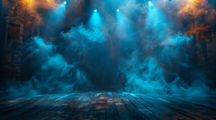 The retro vintage theater stage is illuminated by blue spotlights, casting a magical glow on the rustic floor as smoke slowly drifts through the air.
