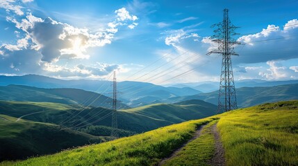 Power Transmission Lines Dominating Mountainous Horizon, Energy Meets Environment