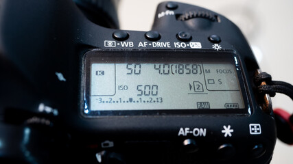 Professional DSLR camera photo settings display, set up screen