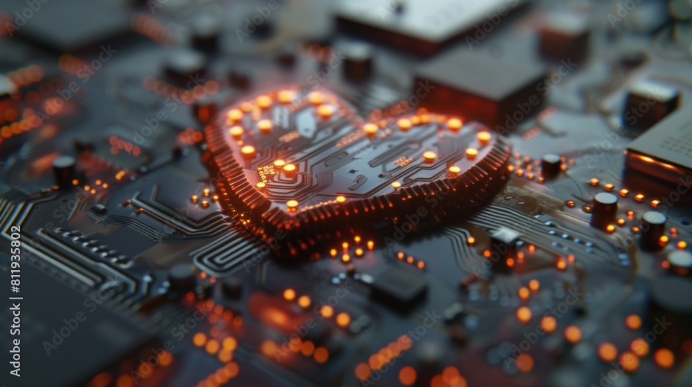 Poster romantic heart in the form of a microcircuit or chip. ai generative.