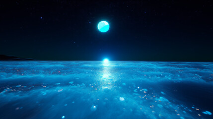 Fluorescent ocean under moonlight, 3D ultra wide viewing angle, starry embellishments, 8K ultra high definition visual feast