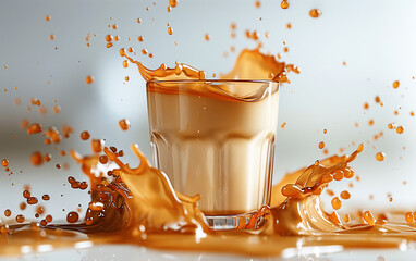 A blend of coffee and milk spills and splashes on a white background