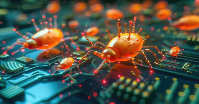 Small cyber-viruses or bugs are nibbling away at the computer microchip. Viruses on PC. AI generative. - Powered by Adobe