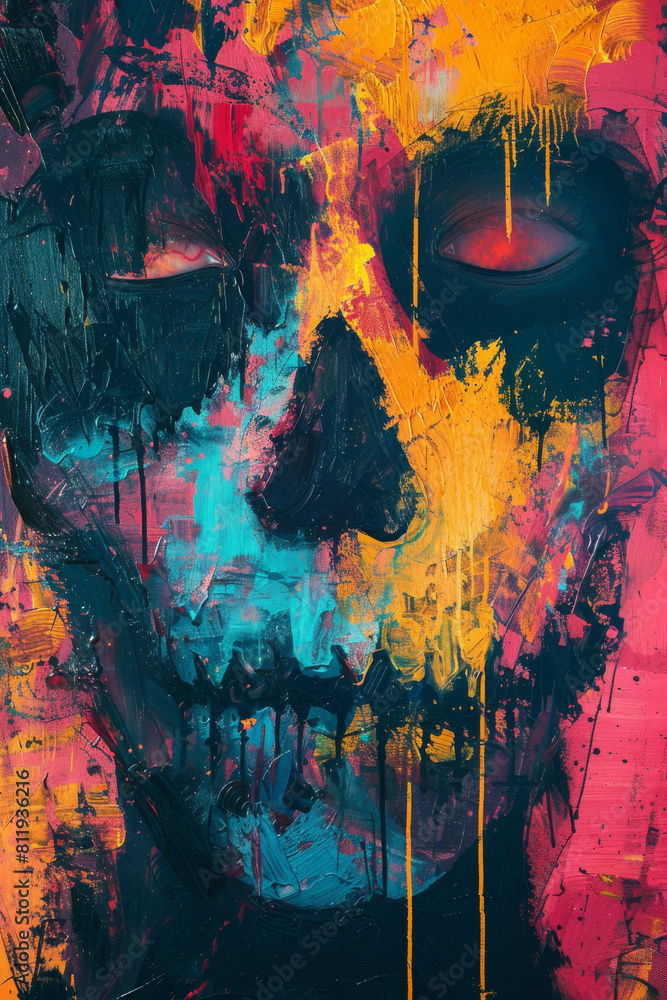 Aufkleber create a modern abstract artwork portraying a punk zombie's face in a graffiti style using generativ