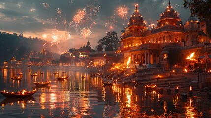 Capture the serene beauty of the Festival of Lights (Diwali) in India, with images of illuminated homes and colorful fireworks displays