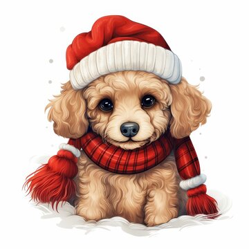 A cute dog wearing a red hat and a red scarf