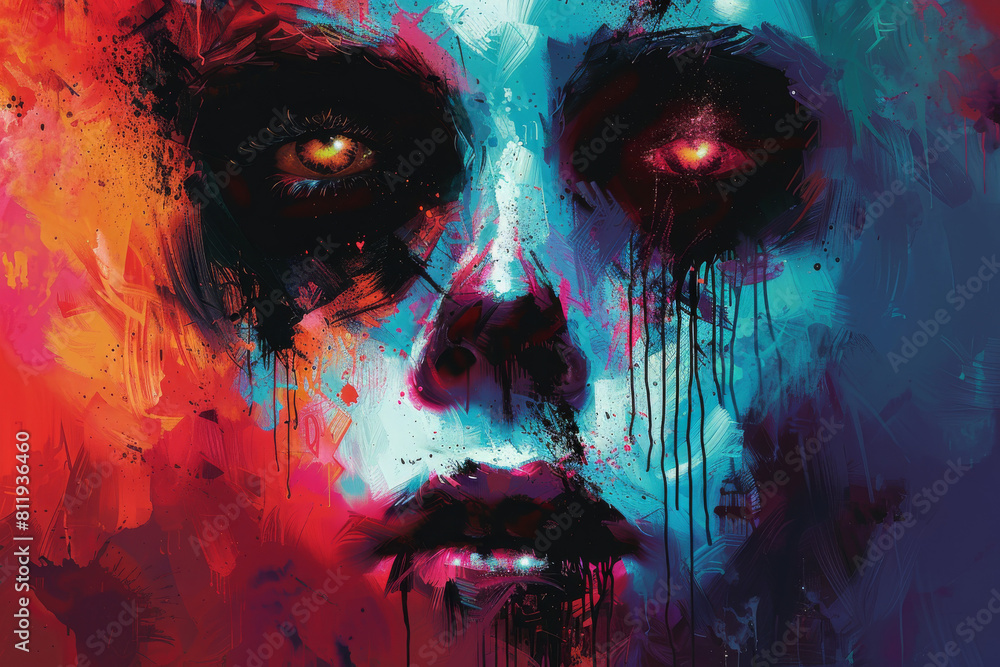 Aufkleber create an abstract artwork depicting a punk-inspired zombie face in a graffiti style, using modern c