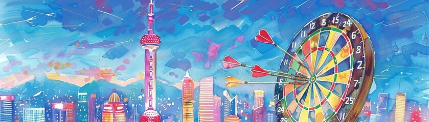 Obraz premium An artistic depiction of a dartboard with darts aiming at the center, representing setting goals for work and success The image includes a vibrant cityscape at night in the background, symbolizing the