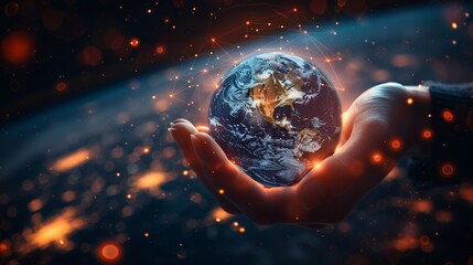 An artistic rendering of a hand presenting a digitally enhanced, glowing representation of the Earth with network connections The image symbolizes global communication and digital connectivity 8K , hi