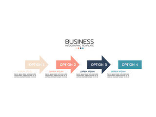 Business timeline infographics template with 4 options, steps, arrow, and icons. Can be used for flowchart, presentation, workflow, or process.