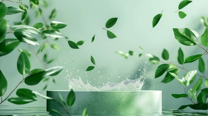 Podium mockup, product advertising display green natural plant leaves and water drop splashing background, 3d render