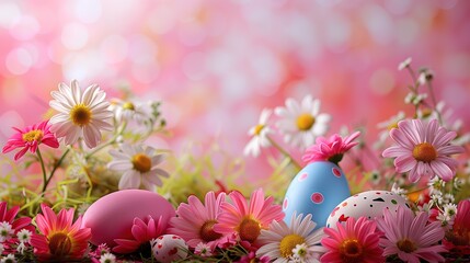 Na trawie leży koszyk z różnorodnymi kwiatami i jajkami, które są ozdobione. Zdjęcie ukazuje wiosenną atmosferę oraz świętowanie Wielkanocy w naturalnym otoczeniu
