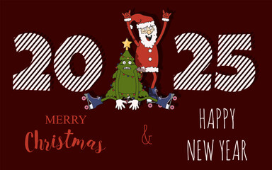 2025 Christnas greeting Banner design in trendy cut out paper style. Cute Santa Clause and Christmas tree. Holiday postcard with XMAS characters. Editable stroke. EPS 10