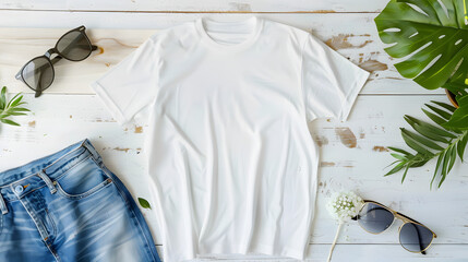 clean wrinkle free oversized white tshirt mockup on a white rustic board with a deco of plant, jeans and sunglasses.
