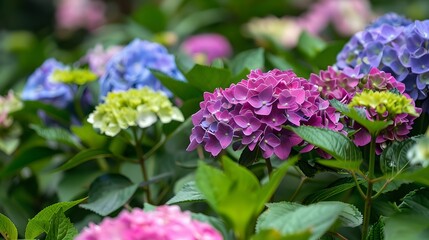 Fototapeta premium Lush Hydrangea Garden in Bloom, Vibrant Floral Display. Close-up Shot Captures the Beauty of Nature. Ideal for Gardening Content and Spring Themes. AI