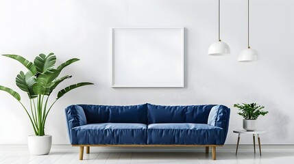 Captivating Minimalist Living Space with Plush Blue Velvet Sofa and Sleek Pendant Lighting