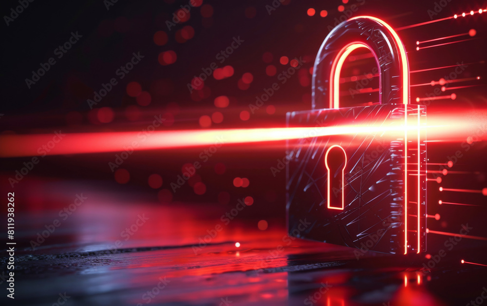 Poster a digital lock featuring a glowing electronic light trail against a metallic backdrop, illustrating 